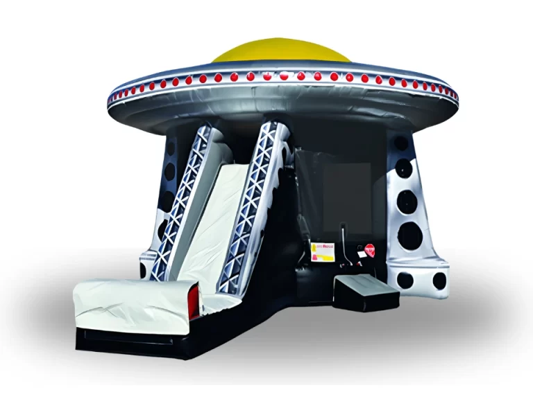 Large UFO-themed inflatable bounce house with slide